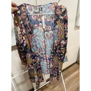 Boho Maximalist Eclectic Kimono Cardigan Multi XL Gold Foil Peacock Olrain